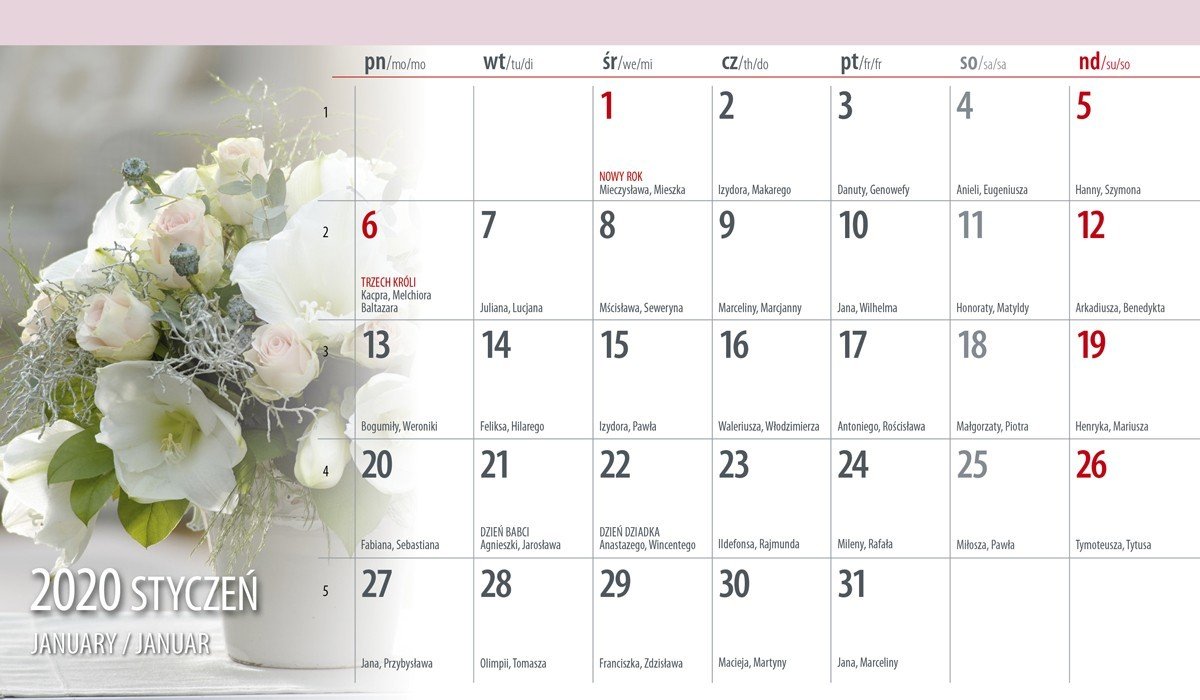 Kalendarz biurkowy poziomy kalendarium miesięczne